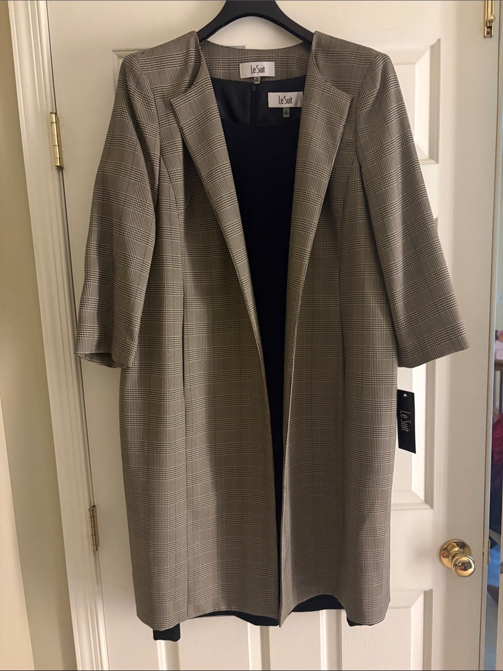 Le Suit Plaid Open-Front Blazer Coat in Taupe and Black with a Black dress